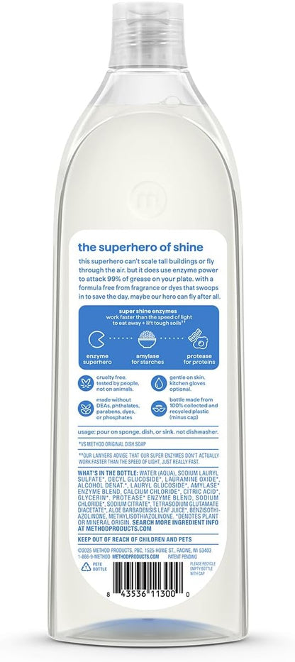 Method Super Shine Liquid Dish Soap, Powered by Enzymes, Free + Clear, Unscented, 16 fl oz