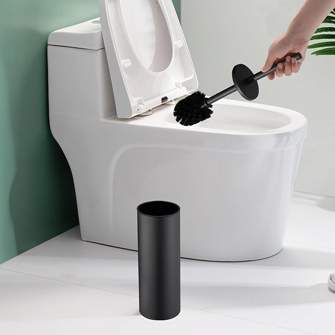 Freestanding Toilet Bowl Brush and Holder - Black Toilet Brush Round Metal, Stainless Steel Toilet Brush Set with Removable Inner Bucket and Splash Guard Cover - Dense bristles (with Brush Handle)