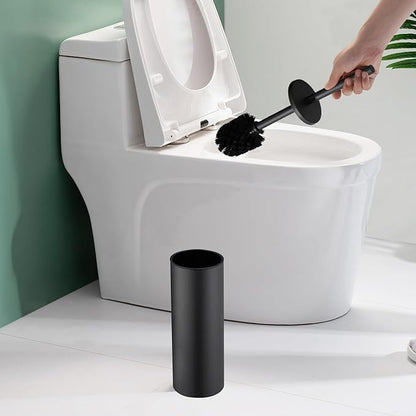 Freestanding Toilet Bowl Brush and Holder - Black Toilet Brush Round Metal, Stainless Steel Toilet Brush Set with Removable Inner Bucket and Splash Guard Cover - Dense bristles (with Brush Handle)