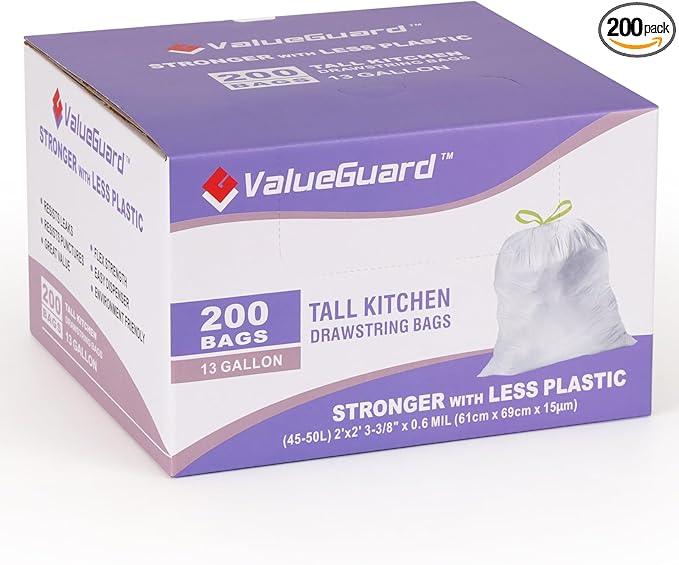 ValueGuard Trash Bags Garbage Bag 13 Gallon Drawstring Tall Waste Bag for Kitchen Office Party 0.6 Mil (200 Count)