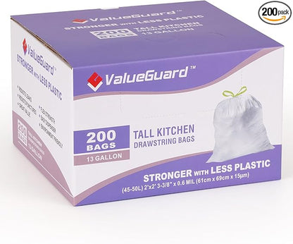 ValueGuard Trash Bags Garbage Bag 13 Gallon Drawstring Tall Waste Bag for Kitchen Office Party 0.6 Mil (200 Count)