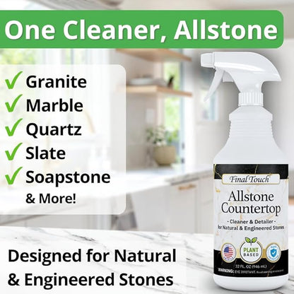 Final Touch AllStone Countertop Cleaner – Plant-Based Stone Safe Cleaning Spray with Scrub Brush – Daily Use Cleaner for Granite, Quartz, Marble, Kitchen Counters – Streak-Free Detail Clean