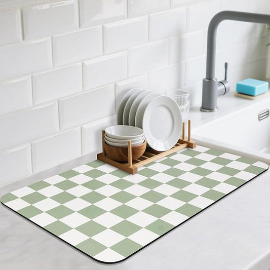 CooRug Checkered Dish Drying Mat for Kitchen Counter, Absorbent Non-Slip Coffee Mat, Heat Resistant Mat for Countertops Coffee Bar Decor 16" x 24" Green