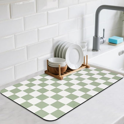 CooRug Checkered Dish Drying Mat for Kitchen Counter, Absorbent Non-Slip Coffee Mat, Heat Resistant Mat for Countertops Coffee Bar Decor 12" x 20" Green