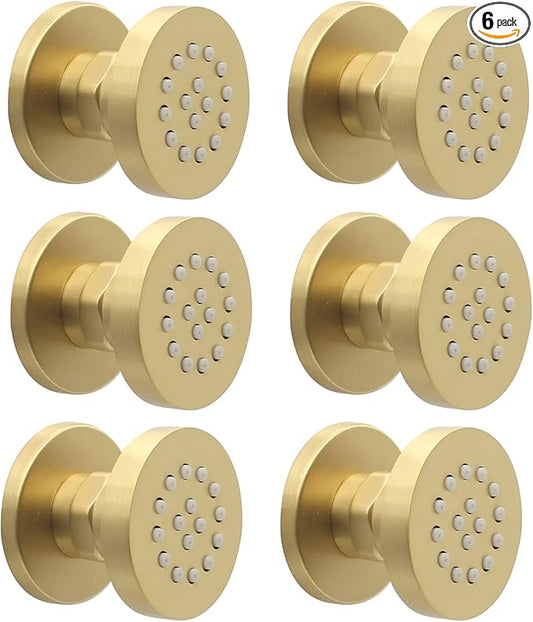 Brass Round Shower Body Spray Jets 6 Pack, HOMEDEC Spa Massage Nozzle 2inch Rain Showerhead Wall Mount Rainfall Shower Head Sprayer, Brushed Gold