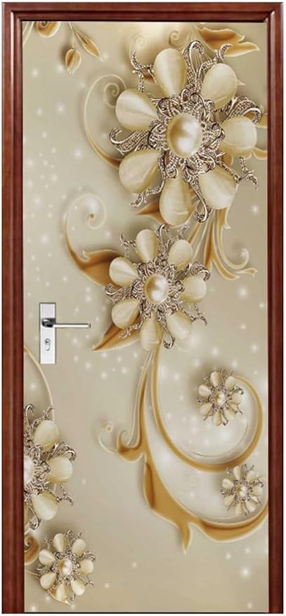 A.Monamour 3D Door Stickers for Interior Doors Luxury Flowers Golden Ornaments Vinyl Waterproof Self Adhesive Door Mural Decals for Bedroom Office Bathroom 85x215cm