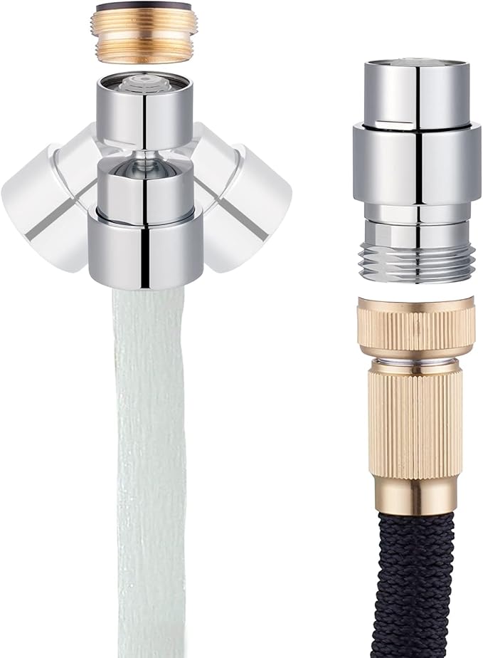 Hibbent 2 in 1 Faucet Aerator with Adapter, Connect to Garden Hose/Other 3/4 Inch Thread Hose, Big Angle Swivel Kitchen Sink Faucet Aerator with Movable Lid to Cover the Thread-Polished Chrome