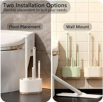 4 in 1 Toilet Cleaner Brush Toilet Bowl Brush and Holder Set Silicone Toilet Brush，Stuff Floor Standing or Wall Mounted Toilet Scrubber Without Drilling (White)
