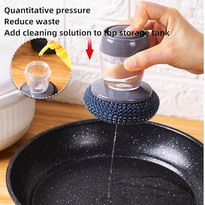 Soap Dispense Palm Scrub dishwashing Kitchen Scrubber Press Automatic Liquid wash Pot (Steel Wire)