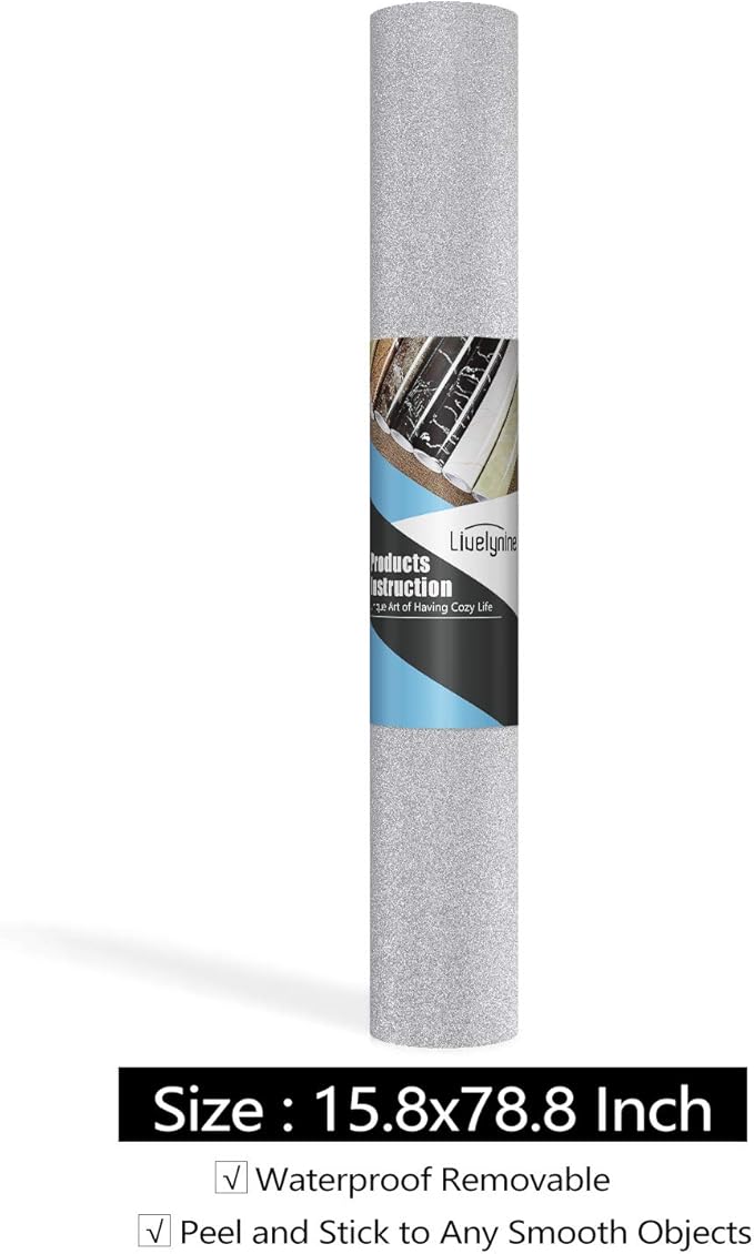 Livelynine Glitter Wallpaper Stick and Peel Glitter Contact Paper for Walls Dresser Counters Crafts Self Adhesive Silver Decor Removable Waterproof White Vinyl Cardstock 15.8x78.8"