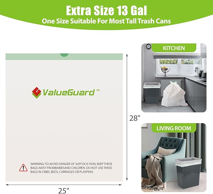 ValueGuard Large Trash Bag 13 Gallon Tall Drawstring 100% Post-Consumer Recycled Garbage Bag Waste Bag for Kitchen Office 0.6 Mil (200 Count)
