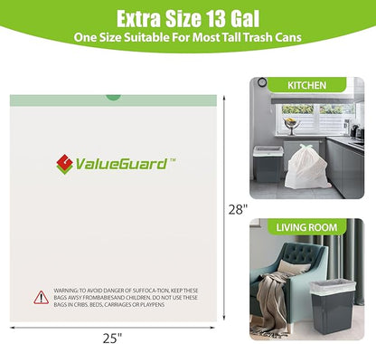 ValueGuard Large Trash Bags 13 Gallon Tall Drawstring 100% Post-Consumer Recycled Garbage Bag Waste Bag for Kitchen Office 0.6 Mil (300 Count)
