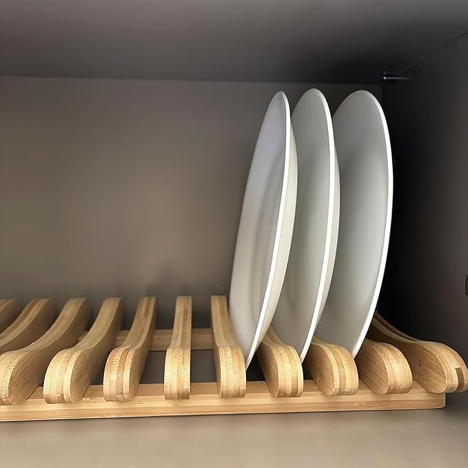 Frcctre Bamboo Dish Drying Rack, 10 Slots Bamboo Cabinet Plate Stand Dish Drainer Wooden Plate Rack Pot Lid Holder Kitchen Dish Plate Storage Organizer for Countertop Cabinet