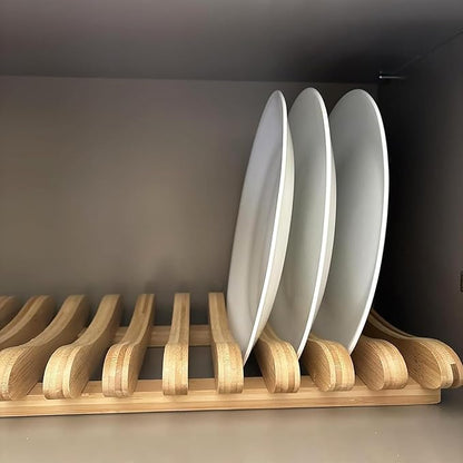 Frcctre Bamboo Dish Drying Rack, 10 Slots Bamboo Cabinet Plate Stand Dish Drainer Wooden Plate Rack Pot Lid Holder Kitchen Dish Plate Storage Organizer for Countertop Cabinet