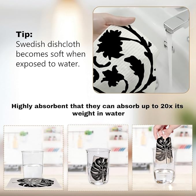 6 Pack Swedish Dishcloths for Kitchen, Geometric Dish Towels Reusable Paper Towels Washable Absorbent Cellulose Sponge Cloths No Odor for Cleaning Home Kitchen