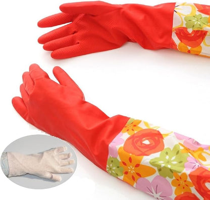Kitchen Rubber Cleaning Gloves with Warm Lining Household Thickening PU Waterproof Dishwashing Latex Glove Large 2 Pairs