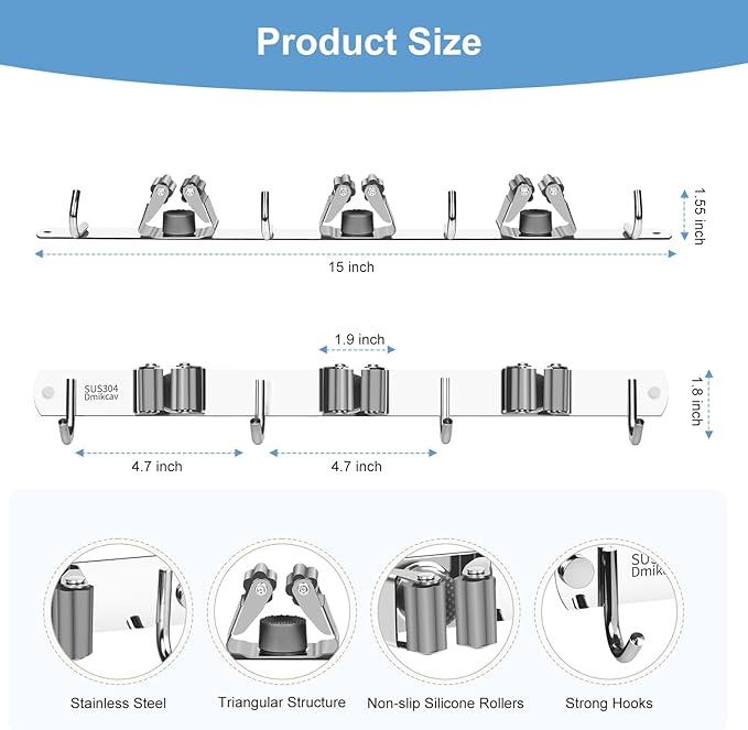 Mop and Broom Holder Wall Mounted, 3 Racks and 4 Hooks Broom, Upgraded Stainless Steel Broom Holder Self Adhesive, Broom Organizer, Tools Organizer for Home Kitchen bathroom Garden balcony