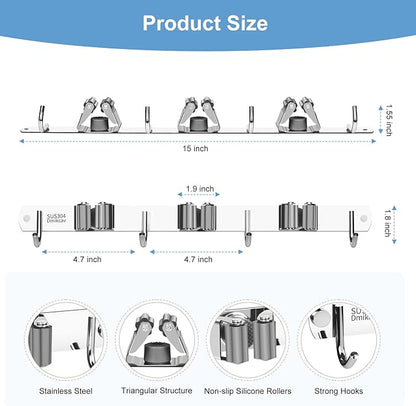 Mop and Broom Holder Wall Mounted, 3 Racks and 4 Hooks Broom, Upgraded Stainless Steel Broom Holder Self Adhesive, Broom Organizer, Tools Organizer for Home Kitchen bathroom Garden balcony