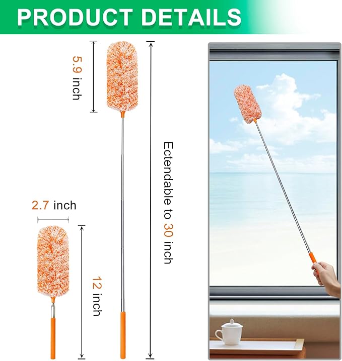 2 Pack Extendable Microfiber Feather Duster, Electrostatic Microfiber Head, Up to 30 Inch Extension Pole, Car Duster, Telescoping Feather Dusters for Cleaning