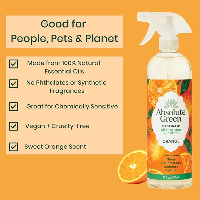 Absolute Green All Purpose Cleaner Spray, Non-Toxic, Kitchen, Bath, Countertop, Stainless, Safe around Kids + Pets, Natural Orange Scent, 25 oz (2 Pack)