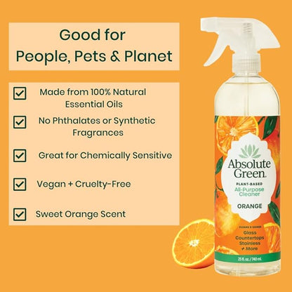 Absolute Green All Purpose Cleaner Spray, Non-Toxic, Kitchen, Bath, Countertop, Stainless, Safe around Kids + Pets, Natural Orange Scent, 25 oz (1 Pack)