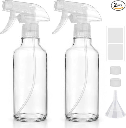 Glass Spray Bottles 12oz Empty Spray Bottle Mist/Stream Spraying Small Refillable Containers for Hair Care, Cleaning Solutions, Plants, Essential Oils 2 Pack (Clear, 12oz)
