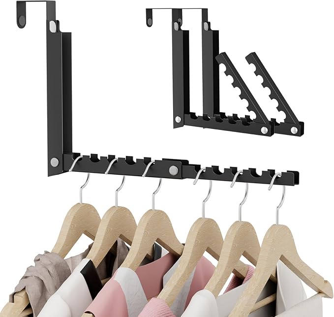 BAKON Over The Door Hooks, Small Space Double Folding Portable Over The Door Drying Rack for Laundry, Bathroom, Bedroom, Travel Storage and Drying (2Pack,Black)