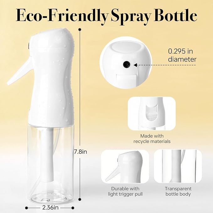 3Pack Continuous Spray Bottle 200ml, Ultra Fine Water Mister Refillable Empty Spray Bottle for Hair Styling, Salon, Skin Care, Cleaning & Plants (6.8oz Clear)