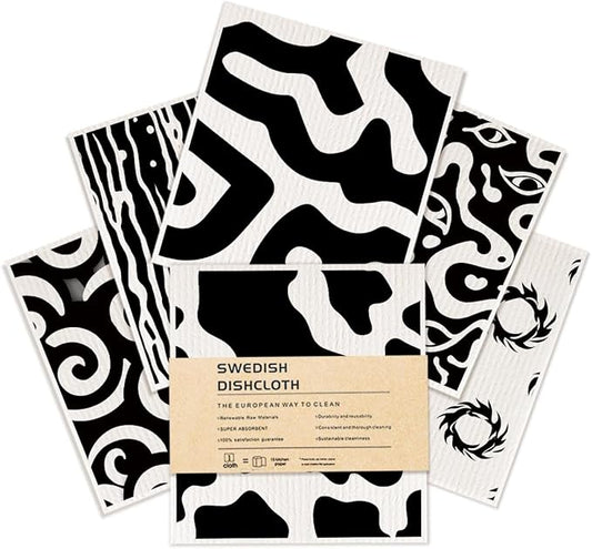 6 Pack Swedish Dishcloths Reusable, Absorbent, Quick-Drying Sponge Cloths for Kitchen and Counter Cleaning, Reusable Dish Towels and Dish Cloths, Black & White