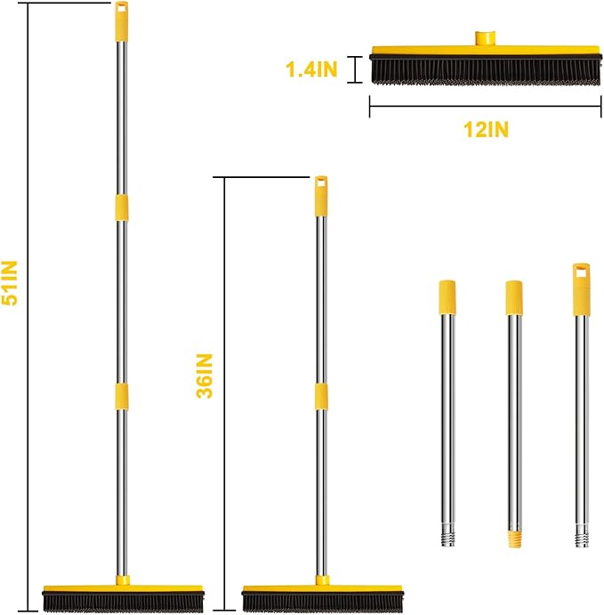 Rubber Broom for Pet Hair Removal, Carpet rake with Squeegee for Cleaning Pet Hair, 52 inch Long Handle Rubber Broom,Dual-Sided for Small Fluff Carpet, Hardwood Floor, Tile,Orange