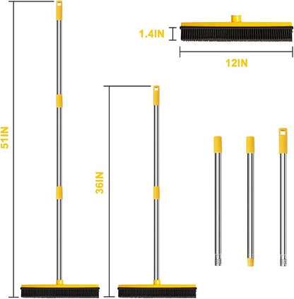 Rubber Broom for Pet Hair Removal, Carpet rake with Squeegee for Cleaning Pet Hair, 52 inch Long Handle Rubber Broom,Dual-Sided for Small Fluff Carpet, Hardwood Floor, Tile,Orange