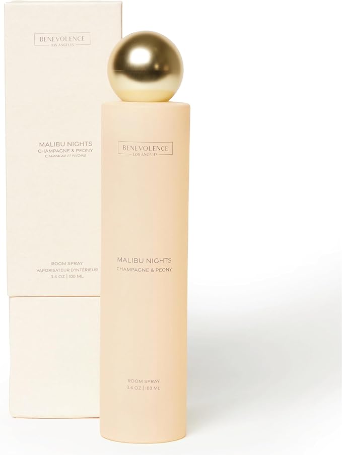 Champagne & Peony Room Spray | Benevolence LA Malibu Nights | 3.4oz | Home, Pillow & Linen Fragrance Spray | Low VOC, No Alcohol | Malibu Sands Collection