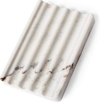 Koville Natural Marble Soap Dish for Shower, Stone Soap Tray for Bathroom, Bar Soap Holder for Sink, Stripe Grooves Saver Stone Dish Tray Keep Bars Dry Easy Clean(Palissandro Classico)