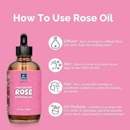 GM Gumili Rose Essential Oil for Face, Hair, Body, Skin, Aromatherapy, Essential Oils Diffuser, DIY Blends - 4 Oz