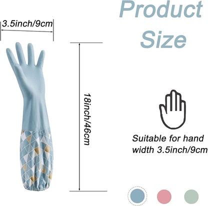 3PCS Dishwashing Cleaning Gloves with Cotton Flocked Liner, Reusable Latex Free Waterproof Long Cuff Kitchen Glove for Laundry, Cleaning, Working, Gardening(Pink+Green+Blue)