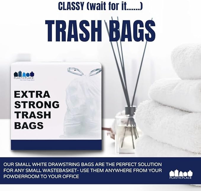 Plasticplace 6 Gallon Trash Bags White Drawstring Garbage Can Liners,17” x 20”,for Bathroom Kitchen Office Car Small Trash Bags,Leak-Proof & Tear-Resistant,100 Count (Pack of 6)