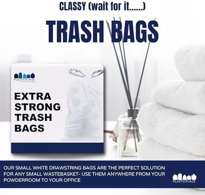 Plasticplace 6 Gallon Trash Bags White Drawstring Garbage Can Liners,17” x 20”,for Bathroom Kitchen Office Car Small Trash Bags,Leak-Proof & Tear-Resistant,100 Count (Pack of 6)