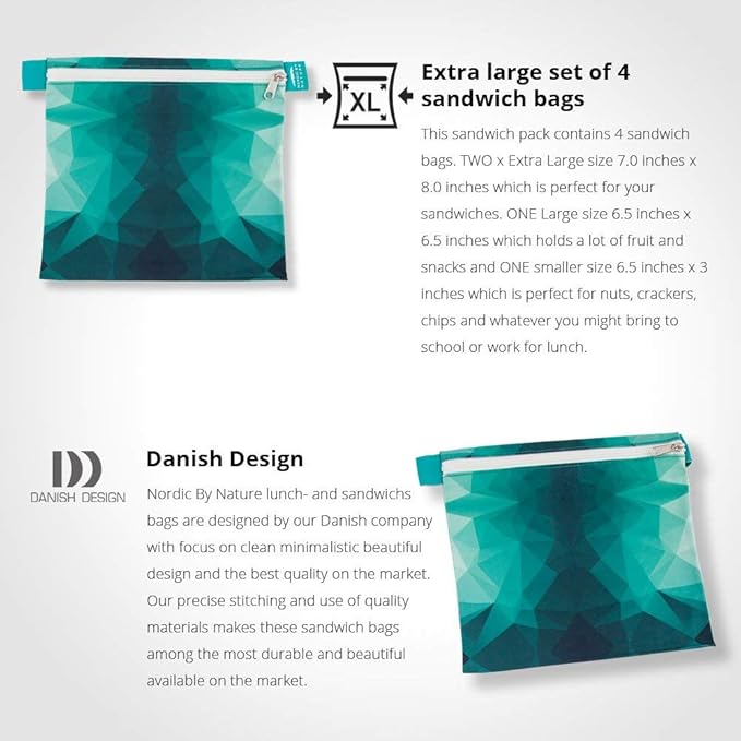Nordic By Nature 4 Pack - Reusable Sandwich Bags Dishwasher Safe BPA Free - Durable Washable Quick Dry Cloth Baggies -Reusable Snack Bags School Lunches - Easy Open Zipper - (Turquoise)