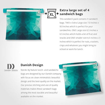Nordic By Nature 4 Pack - Reusable Sandwich Bags Dishwasher Safe BPA Free - Durable Washable Quick Dry Cloth Baggies -Reusable Snack Bags School Lunches - Easy Open Zipper - (Turquoise)