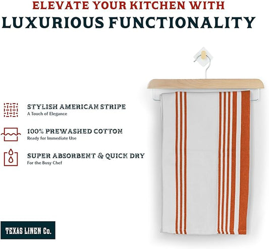 TEXAS LINEN CO. American Stripe Kitchen Towels 100% Cotton Pack of 6, Highly Absorbent Quick Drying, Soft Dish Towels 20x30 Inch for Kitchen w Hanging Loop, Hand & Tea Towel - Orange & White Striped