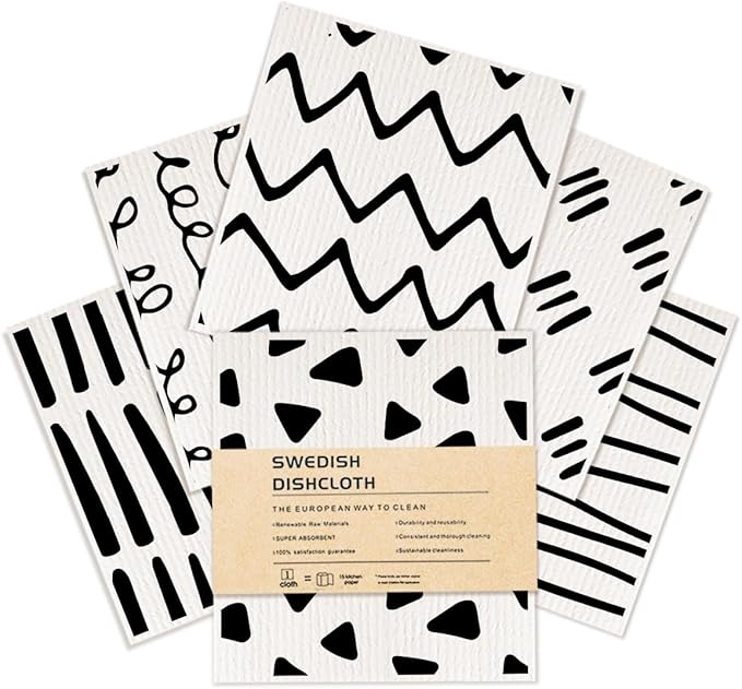 6 Pack Swedish Dishcloths for Kitchen, Black White Geometric Reusable Dish Cloths, Washable Absorbent No Odor Eco Cleaning Towels, Paper Towel Replacements, Kitchen Gifts for Women