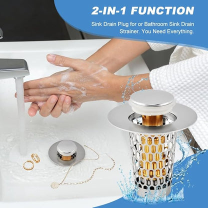 2Pack Bathroom Sink Stopper, Universal Drain Filter for Stainless Steel Floor Drain Filter, Universal Bathroom Sink Drains Pop-up Stopper with Filter Basket Hair Strainer(Color:Silver)
