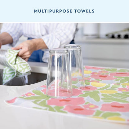 ELYN Microfiber Kitchen Dish Towel Set, Quick-Dry & Absorbent Waffle Weave Cleaning Towels, Set of 4 Kitchen Towels, Paper Towels Alternative (Bold Floral & Geo)