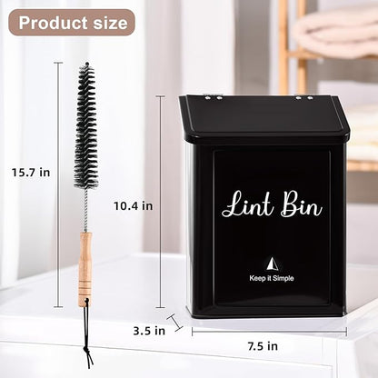 SUBEKYU Metal Magnetic Lint Bin for Laundry Room, Wall Mounted Lint Box Holder Trash Can with Lid for Dryer, Black