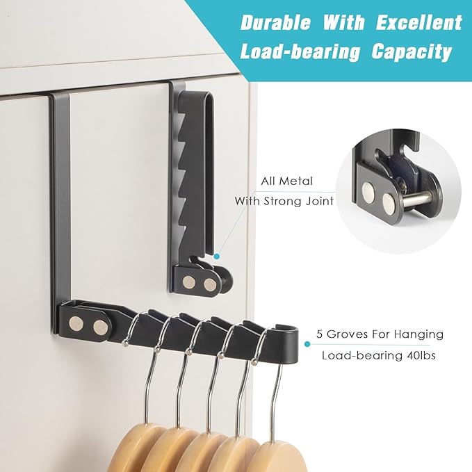 2 Pack Clothes Drying Rack, All Metal Over The Door Hooks, Thickness Adjustable, Collapsible, Space-saving Hangers Organizer, Fit 1/2/5'' Doors (Black)