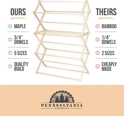 Pennsylvania Woodworks Clothes Drying Rack: Solid Maple Hard Wood Laundry Rack for Blankets, Towels, Bedding & More, Heavy Duty Folding Drying Rack, Made in USA, No Assembly Needed, XXLarge
