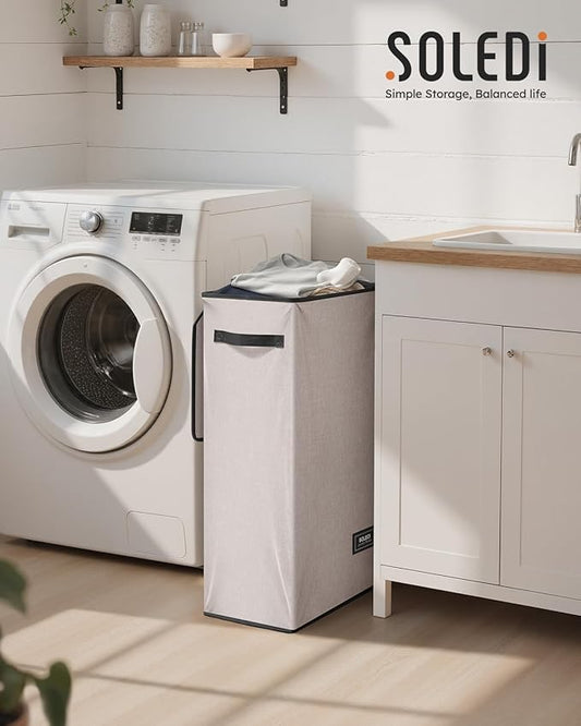 SOLEDI Slim Laundry Hamper with Lid, Narrow Laundry Basket with Removable Bags, Dirty Clothes Hamper with handle, Small Hamper perfect for Laundry room, Bathroom, Bedroom, Small spaces.Light taupe