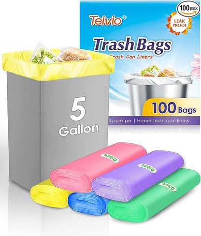 Teivio Colorful Clear Trash Bags 5 Gallon 100 Counts Garbage Bags, Bathroom Trash Can Bin Liners, Small Plastic Bags for home office kitchen, fit 15-18 Liter, 3,3.5,4.5 Gal,Multicolor