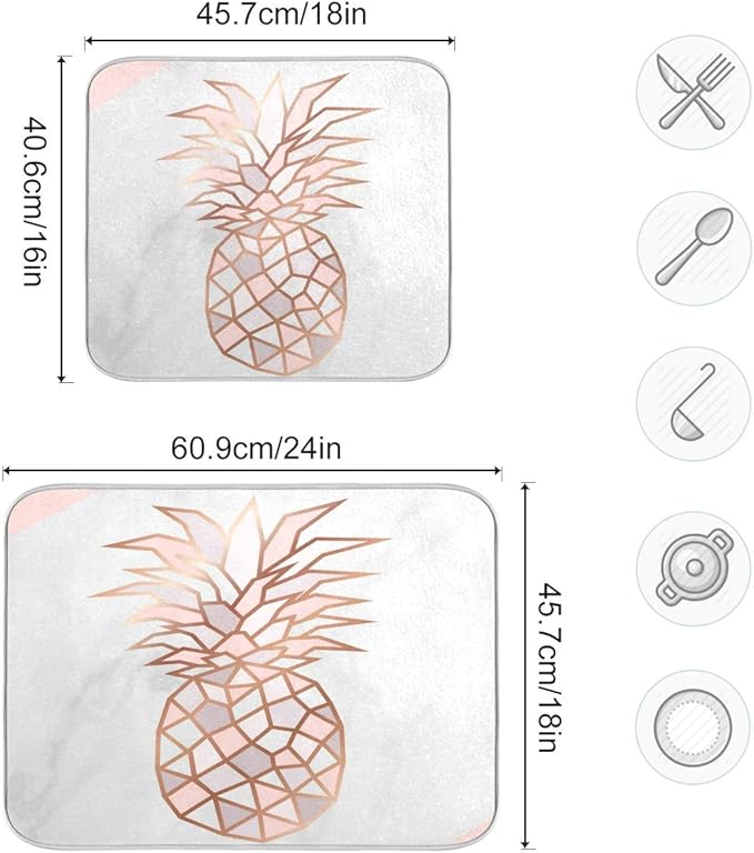 Super Absorbent Dish Drying Mat, Microfiber Fast-Drying Dish Mat, 24" x 18", Kitchen Dish Drying Pad, Rose Gold Pineapple On Pink And White Marble