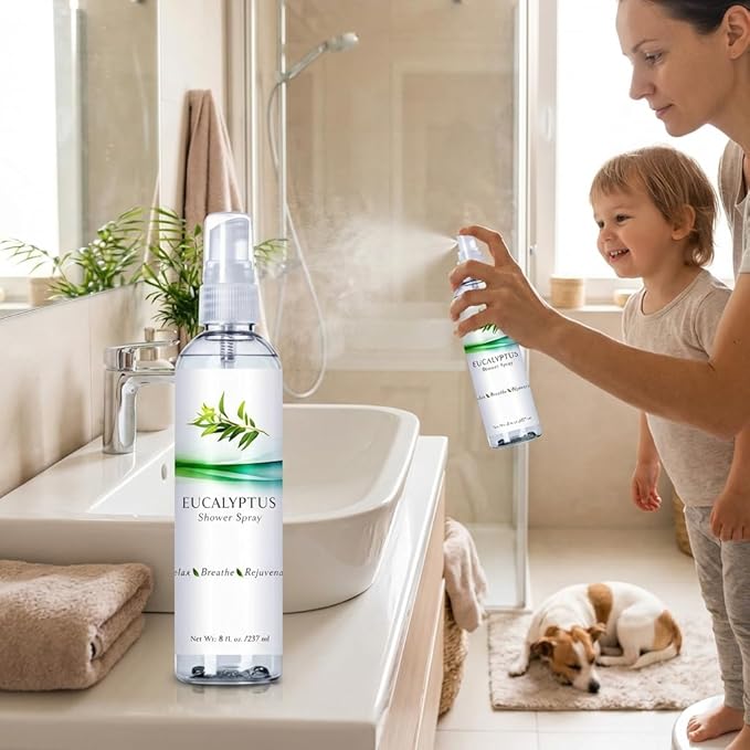 Eucalyptus Shower Spray Essential Oil, 100% Pure Aromatherapy Shower Mist for Sinus Relief, Steam Room Spa, Nasal Congestion, 8oz for Home Spa Day (Eucalyptus, 8oz)